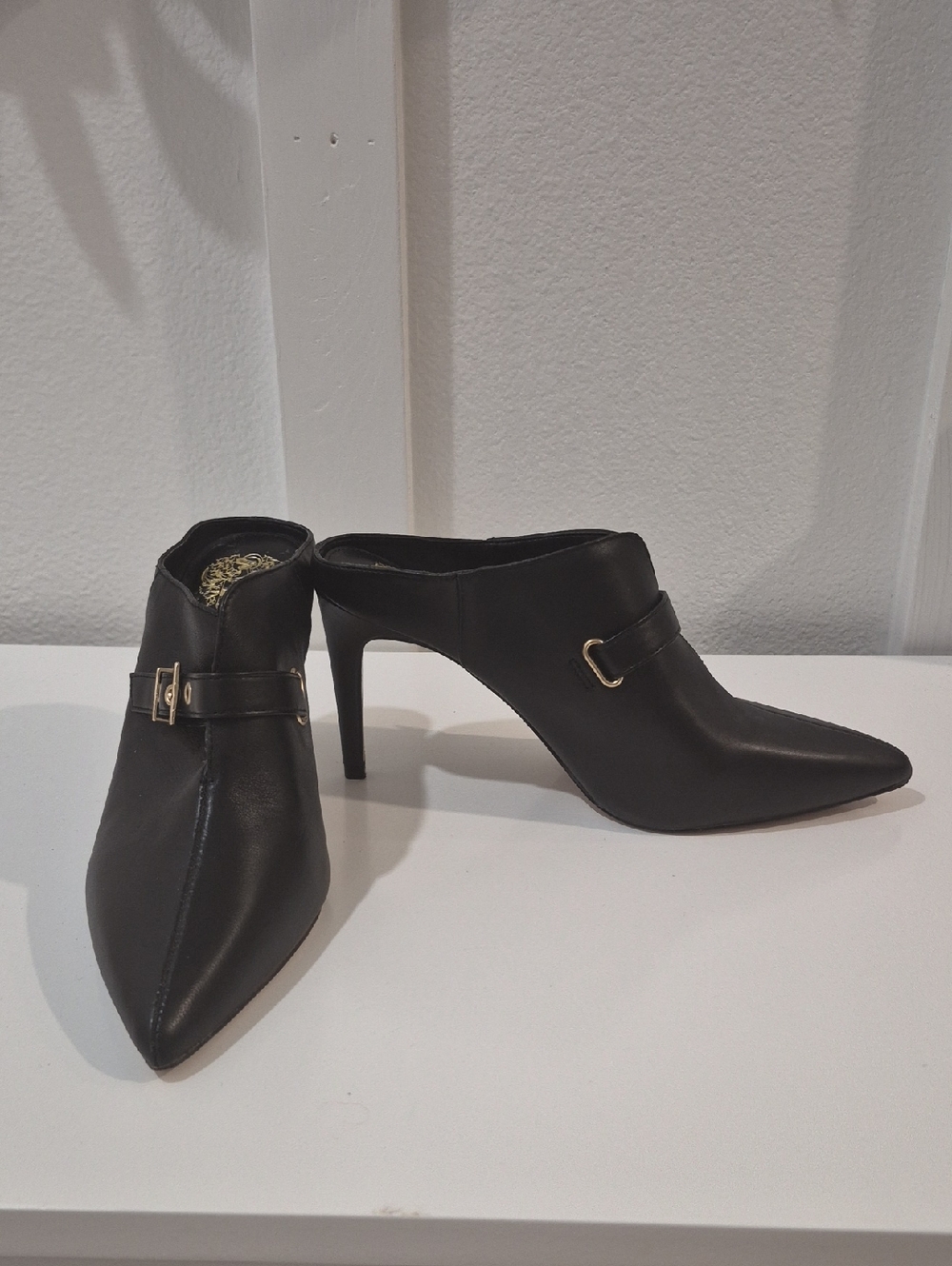 Vince Camuto Black Pointed-Toe Mule Heels with Gold Buckle